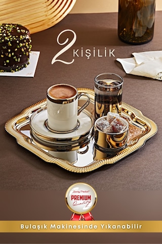 Grimorlife 2 Kişilik Tepsili Gold Porselen Fincan Seti Damat Kahvesi-söz Nişan Türk Kahvesi Kahve Fincanı Gold
