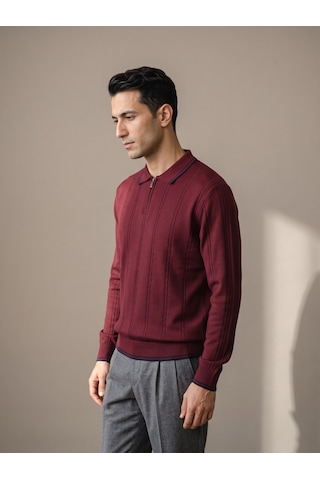 Maccali Erkek Bordo Çizgili Fermuarlı Polo Yaka Triko Kazak