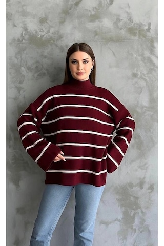 Çizgili İspanyol Kol Triko Boğazlı Kazak Bordo Elf Bordo