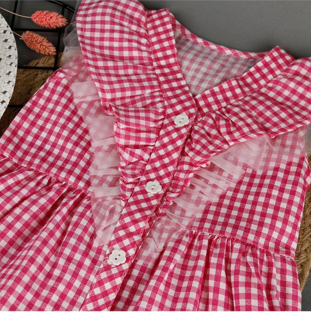 Önü Fırfırlı Şapkalı 2'li Kız Elbise-37 Pembe
