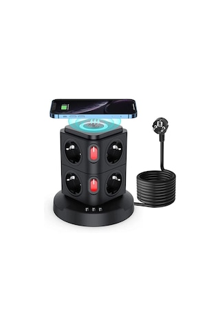 Masaüstü Kablo Toplayıcı 8 Li Priz 3 Usb Kablosuz Şarjlı 2 Metre Kablolu Kule Tipi Çoklu Priz 1 - 3 M