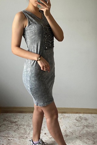 Mia Butik Kadın V Yaka Kare Pul Payetli Gri Elbise-979 Gri