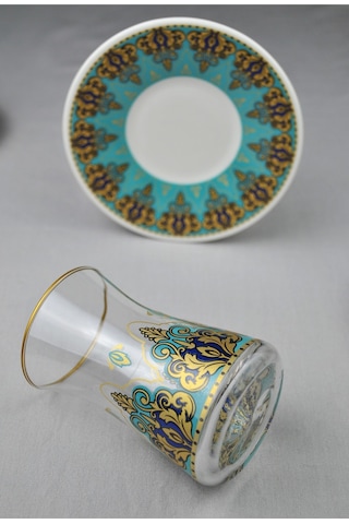 12 Parça 6 Kişilik Lüx Cam Çay Seti Gold Detaylı Altın Renk İşlemeli Lüks Çay Takımı Turkuaz