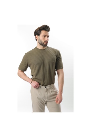 Madmext Haki Dokulu Çizgi Tasarım Bisiklet Yaka Erkek T-shirt E7122 Haki