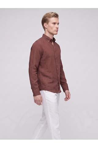 Plus Scorpion Erkek Keten Müslin Gömlek Slim Fit Düğmeli Yaka Uzun Kollu Yazlık Gömlek Kahverengi