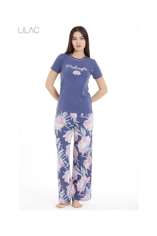 Lılac Kadın Çiçek Desenli %100 Viscon Pijama Takımı Mor Mor