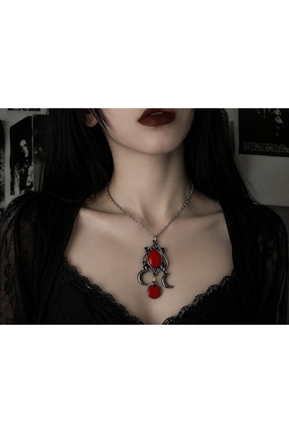 Kırmızı Detaylı Çift Hilal Figürlü Gotik Kolye Mistik Metal Boyun Aksesuarı Çok renkli 78635942