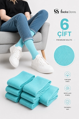 Socks Stores 6 Çift Unisex Renkli Pamuklu Soket Çorap - Renkli Tenis Boy Çorap Turkuaz