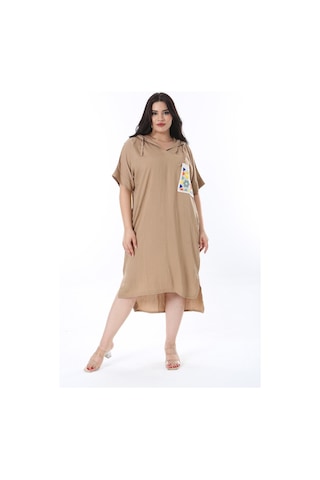 Şans Kadın Büyük Beden Camel Kapşonlu Örgü Cep Detaylı Düşük Kollu Elbise 65n36012-camel Camel
