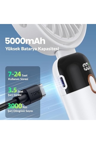 K70 Taşınabilir Şarjlı El Vantilatörü 2400mah 360 Döner Başlıklı Standlı Dijital Ekranlı Soğutucu Fan Siyah