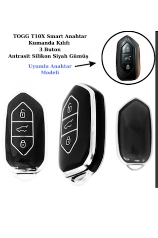 Togg T10x Uyumlu Anahtar Koruma Kılıfı Siyah / Gümüş Detaylı