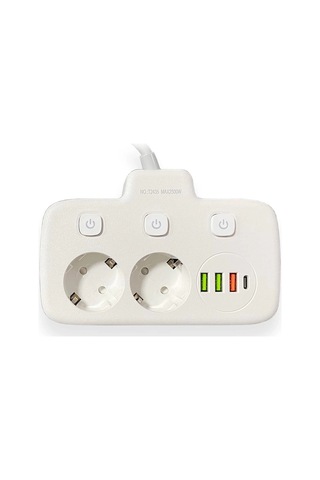 Akım Korumalı 2 Li Ayrı Anahtarlı Priz, 2x Priz, 3x Usb, 1x Type-c, 2 Mt Kablo, Hızlı Şarj 0