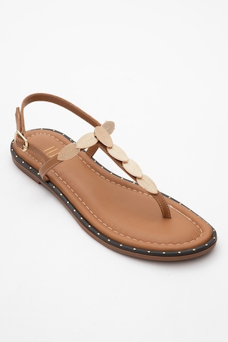Luvishoes Luvi Shoes Marea Taba Hakiki Deri Parmak Arası Gold Tokalı Kadın Sandalet Taba