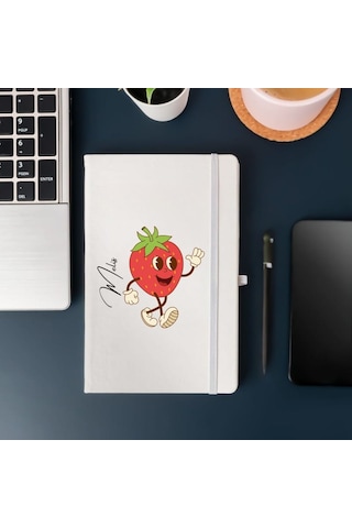 Kişiye Özel Çilek Karakterli Eğlenceli Tasarım Deri Kapak Defter Beyaz