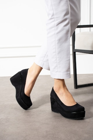 Zenneshoes Helena Dolgu Topuklu Kadın Ayakkabı Siyah Süed