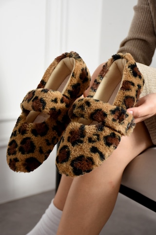 Nmoda Ultra Yumuşak Peluş Kadın Ev Babeti Ses Yapmaz Hafif Taban Panduf Leopar