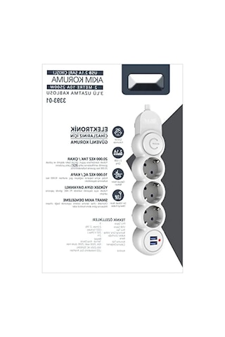 Çocuk Koruma Özellikli, Termal Akım Korumalı 3'lü Priz, 2xusb, 2m Kablo 0