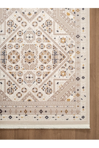 Look Classıc Lk002g Geometrik Desen Krem Gri Akrilik Yumuşak Tozuaz Dokuma Taban Salon Halısı-1030 Krem - Gri