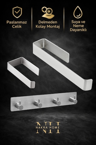 3'lü Set Paslanmaz Çelik Yapışkanlı Havlu Askısı , Tuvalet Kağıtlığı Ve 4'lü Askılık Havluluk Krom