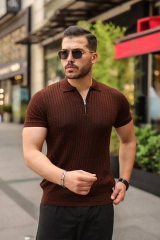 Veraura Lifestyle Erkek Örgü Desen Fermuar Yakalı Triko Tişört Kahverengi