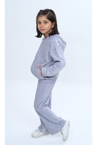 Toontoy Kids Toontoy Kız Çocuk 2'li Takım Kapüşonlu Fermuarlı Cepli Sweatshirt & Beli Lastikli Bol Paça Eşofman Altı - Kadife Kahve