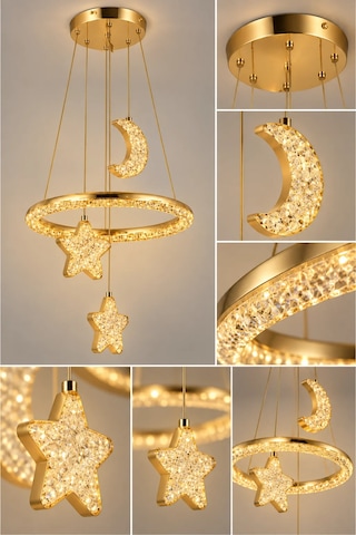Modern Premium Gold Ay Yıldız 3 Renkli Ledli Sarkıt Avizesi Çocuk Genç Bebek Odası Modelleri 84w Beyaz