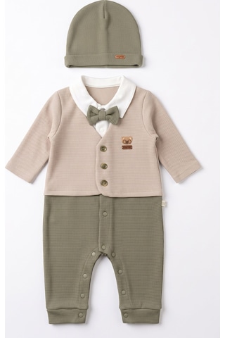 Minipomes Erkek Bebek Formal Boy Takım Görünümlü Patiksiz Tulum Şapka Set Haki