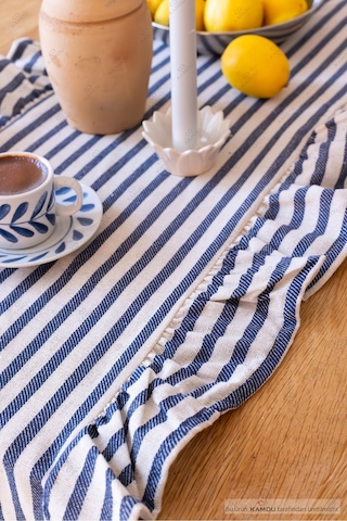 Mavi Çizgili 40x125 Cm Vintage Fırfırlı %100 Keten Pamuklu Amerikan Runner Bej