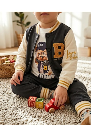 Erkek Çocuk Bayramlık 3 Lü Takım Kolej Ceketli Baskılı Sweatshirt Ve Eşofman Alt Siyah
