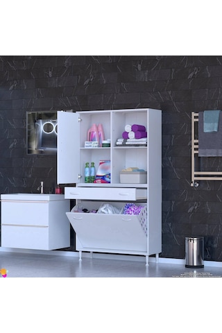 Modilayn Afra 90x173x32,5cm 1 Çekmece, 3 Göz Sepet, 1 Kapak, 4 Raf Dar Alan Banyo Dolabı Beyaz