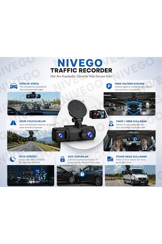 Nıvego Çift Kameralı Araç İçi Kamera Full Hd 1080p, Wifi, Gece Görüş, 180 Geniş Açı, G-sensör, 64gb Destekli Dash Cam