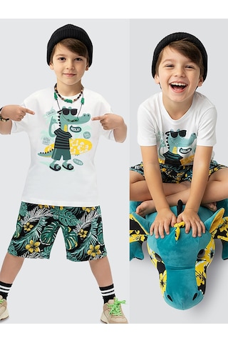 Denokids Erkek Çocuk Takım Timsah Hawaii Baskılı T-shirt Şort İkili Takım Yazlık 2-8 Yaş Çok Renkli