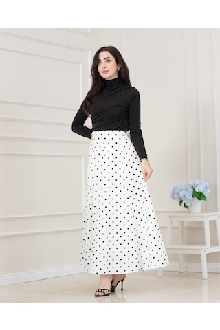 Sevitli Puantiyeli Maxi Etek-beyaz-5717