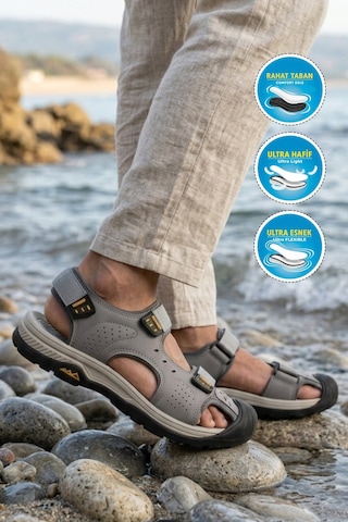Voyager Erkek Outdoor Trekking Sandalet Kapalı Burun Cırtlı Günlük Yürüyüş Gri E337 M