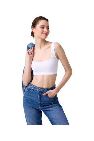 Cottonhill Premium - Kadın Beyaz Seamless Kare Yaka Crop Top Büstiyer Beyaz