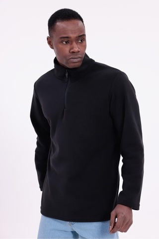Freemen Erkek Fit Dik Yaka Yarım Fermuarlı Sweatshirt Polar Siyah