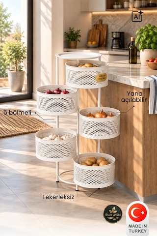 River World Tekerleksiz Rengi Beyaz Açılabilen 5 Katlı Çok Amaçlı Metal Raf Mutfak, Balkon, Kiler Çok Renkli