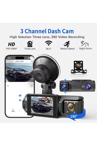 3 Kameralı 1080p Hd Araç İçi Kayıt Cihazı Gece Görüş, Geri Görüş, Lcd Ekran, G-sensör, Lcd Ekran