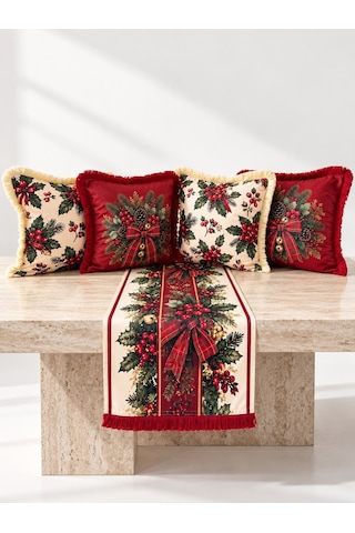 Missidea Christmas Berry 4'lü Kırlent Ve Runner Dekorasyon Seti Kırmızı