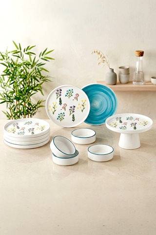11 Parça 6 Kişilik Botanical Stackable Kahvaltı Takımı - Lüx Kahvaltılık Sunum Seti Tabağı Beyaz