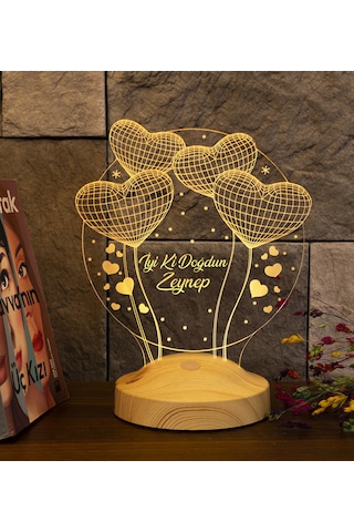 Doğum Günü Hediyesi, Sevgiliye, Arkadaşa İsimli Doğum Günü Hediyesi, Kişiye Özel Balon Kalpler Kişiye Özel 3D Led Lamba