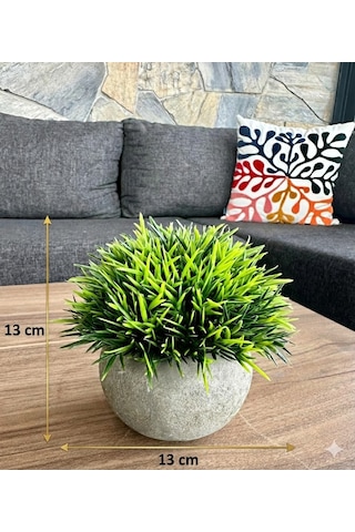 Premium Yapay Çim Topu Gri Saksıda Dekoratif Masa Üstü Çiçeği Yeşil