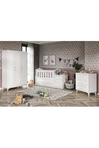 Hayal Modern Bebek Odası Takımı Beyaz - 3 Parçalı Tamamı 1. Kalit Beyaz