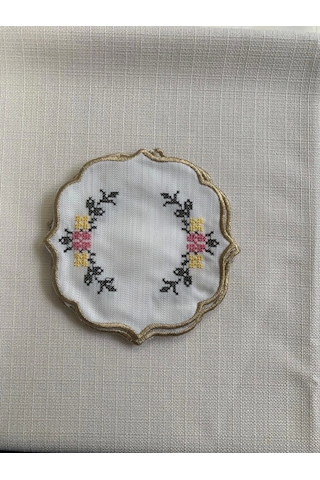 Nivemeshome Kanaviçe Nakışlı Sarı-pembe Oval 6 Adet Keten Kokteyl Peçetesi Kahve Yanı Sunumluk Çok Renkli