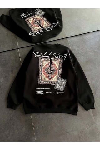Velmora Fashion Kadın Bisiklet Yaka Kilim Halı Baskılı 3 İplik Pamuklu Sweatshirt - Siyah