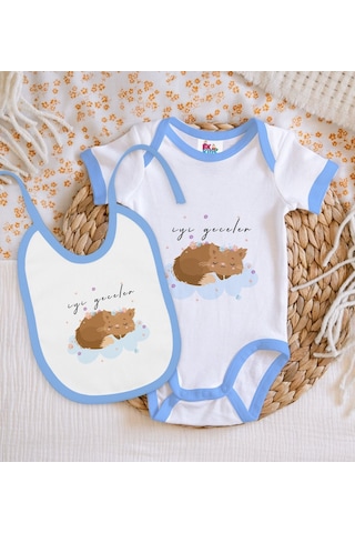 Bk Kids Sevimli Ayı Tasarımlı Mavi Bebek Body Zıbın Ve Mama Önlüğ Çok Renkli