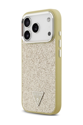 Apple Uyumlu iPhone 17 Pro Kılıf Guess Lisanslı M-safeli Metal Kamera Çerçeveli Üçgen Logolu Glitter Gold Gold
