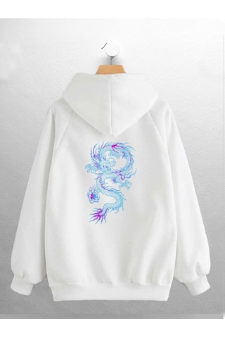 Macklin Unisex Kadın Erkek Mavi Ejderha Baskılı Sweatshirt Beyaz Mck0913 Beyaz