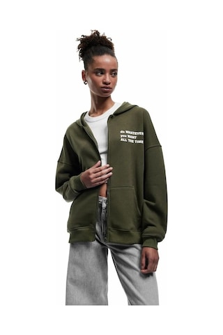 Koton Şardonlu Baskılı Fermuarlı Kapüşonlu Kadın Oversize Sweatshirt 6wal10142ık Haki