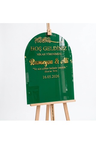 Zümrüt Yeşil Akrilik Düğün Karşılama Panosu 50x80 Cm Gold Yazılı Nikah Tabelası Büyük Boy
